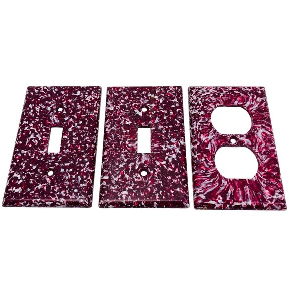 Vintage Marbled Burgundy & White Light Switch & Outlet Covers Set Of 3 Retro - Picture 1 of 3